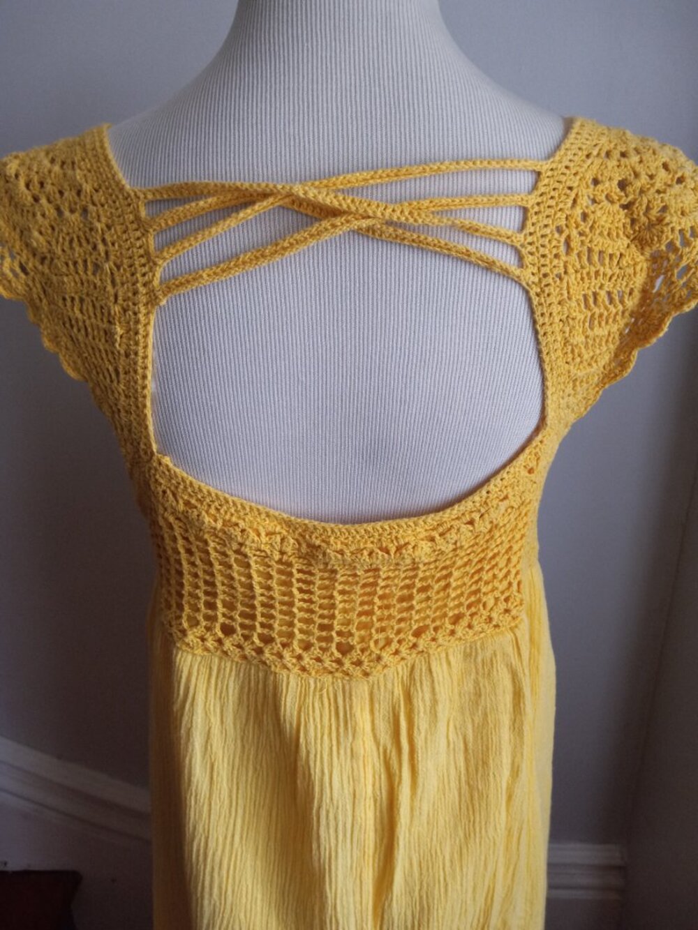VINTAGE 70S CANDIE'S YELLOW COTTON GAUZE CROCHET DRESS XL L - Picture 2 of 5